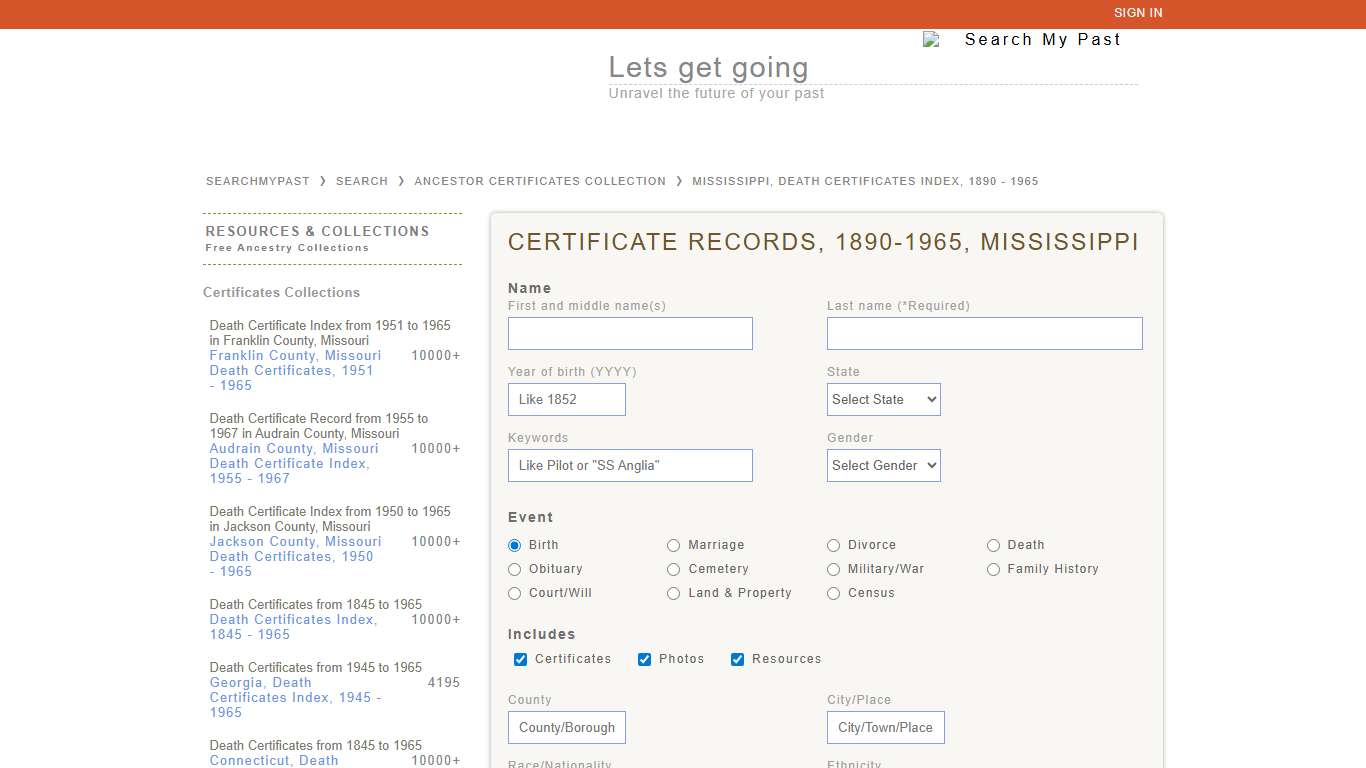 Mississippi, Death Certificates Index, 1890 - 1965 Searchmypast